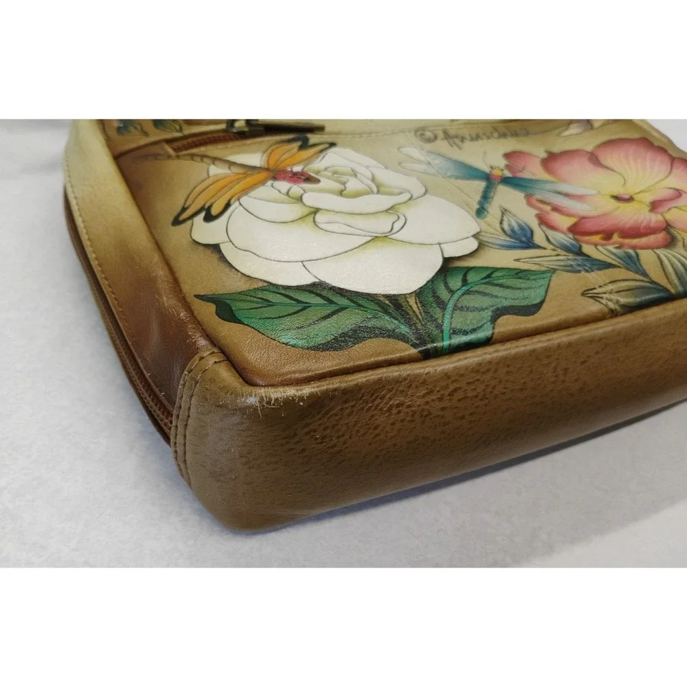 ANUSCHKA Leather Shoulder Bag Hand Painted Colorful Dragonfly & Floral Design‎